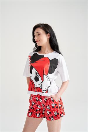 Kadın Mickey Mouse Baskılı Şortlu Takım Beyaz