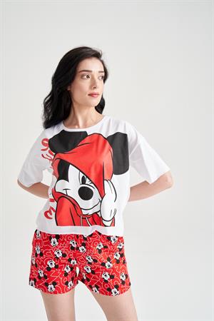 Kadın Mickey Mouse Baskılı Şortlu Takım Beyaz