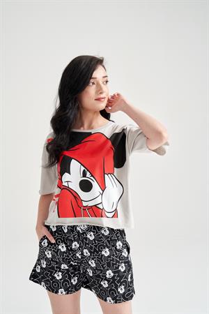 Kadın Mickey Mouse Baskılı Şortlu Takım Gri