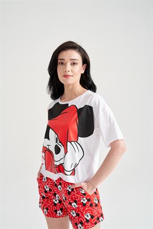 Kadın Mickey Mouse Baskılı Şortlu Takım Beyaz