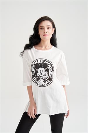 Kadın Mickey Mouse Baskılı T-shirt Beyaz