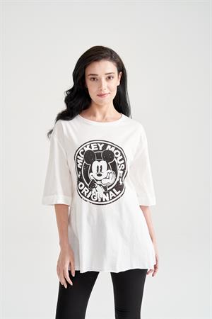 Kadın Mickey Mouse Baskılı T-shirt Beyaz