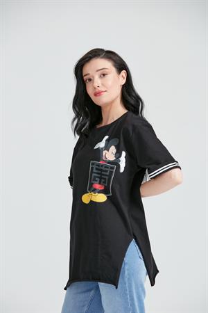 Kadın Miki Mous Baskılı Cepli T-Shirt Siyah