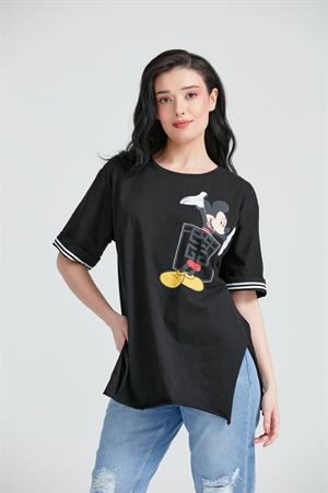 Kadın Miki Mous Baskılı Cepli T-Shirt Siyah