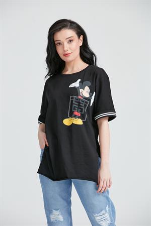 Kadın Miki Mous Baskılı Cepli T-Shirt Siyah