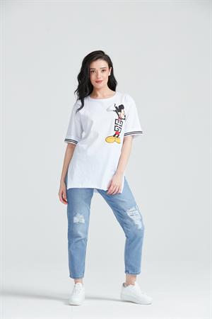 Kadın Miki Mous Baskılı Cepli T-Shirt Beyaz