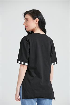 Kadın Miki Mous Baskılı Cepli T-Shirt Siyah