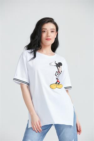 Kadın Miki Mous Baskılı Cepli T-Shirt Beyaz