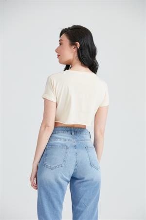 Kadın Newyork Baskılı Crop T-Shirt Krem