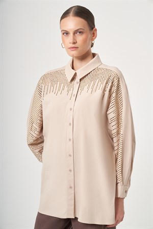 Kadın Omuz Taşlı Gömlek Beige