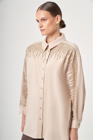 Kadın Omuz Taşlı Gömlek Beige