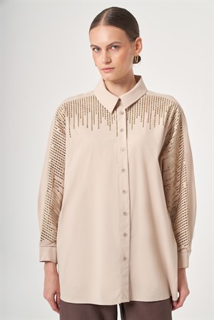Kadın Omuz Taşlı Gömlek Beige
