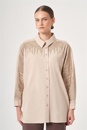 Kadın Omuz Taşlı Gömlek Beige
