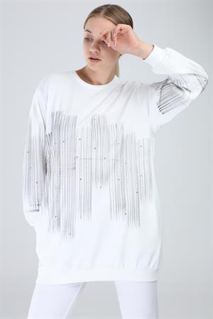 Kadın Önü Desenli Sweat Ekru