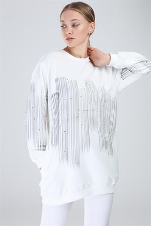 Kadın Önü Desenli Sweat Ekru