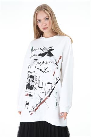 Kadın Önü Desenli Sweat Elbise Ekru