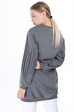 Kadın Önü Desenli Sweat Gri