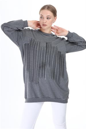 Kadın Önü Desenli Sweat Gri
