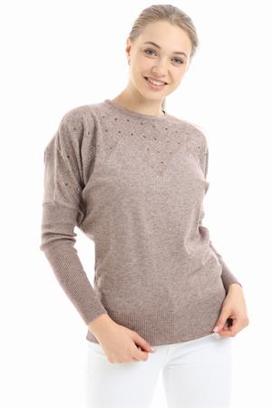 Kadın Önü İşlemeli Triko Beige