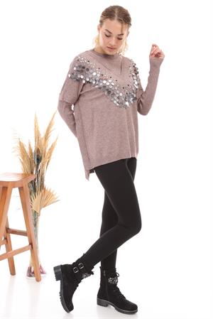 Kadın Önü Pul Payet İşlemeli Triko Beige