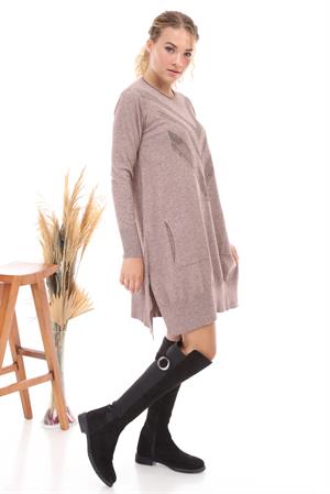 Kadın Önü Taş Detaylı Tunik Beige