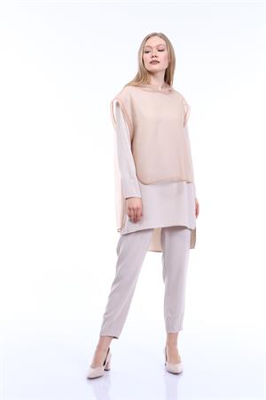 Kadın Organze Krep Kumaş Üçlü Takım Beige
