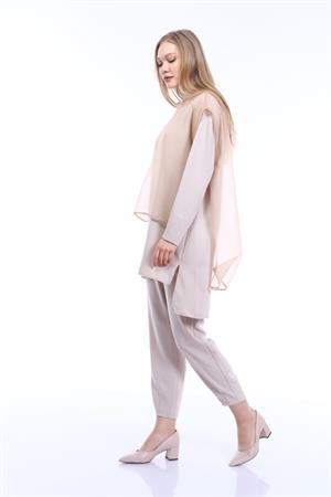 Kadın Organze Krep Kumaş Üçlü Takım Beige