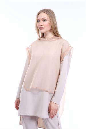 Kadın Organze Krep Kumaş Üçlü Takım Beige