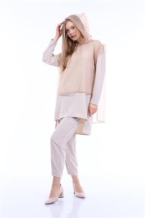 Kadın Organze Krep Kumaş Üçlü Takım Beige