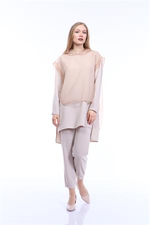 Kadın Organze Krep Kumaş Üçlü Takım Beige