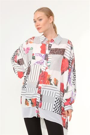 Kadın Oversize Desenli Gömlek Kırmızı