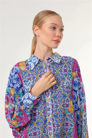 Kadın Oversize Desenli Gömlek Saks Mavi
