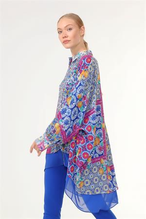 Kadın Oversize Desenli Gömlek Saks Mavi