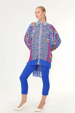 Kadın Oversize Desenli Gömlek Saks Mavi