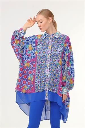 Kadın Oversize Desenli Gömlek Saks Mavi