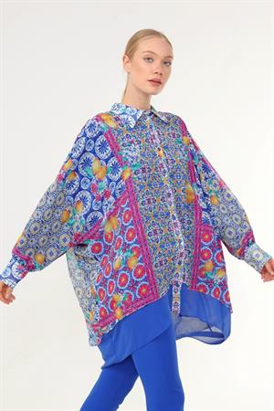 Kadın Oversize Desenli Gömlek Saks Mavi