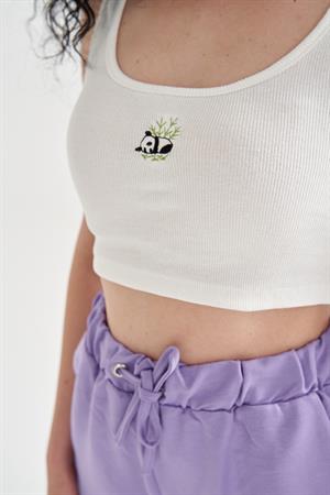 Kadın Panda Baskılı Crop Büstiyer Beyaz