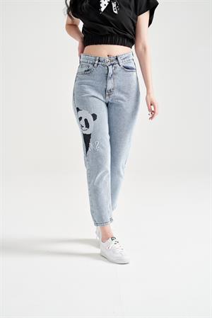 Kadın Panda Nakışlı Mom Jean Mavi