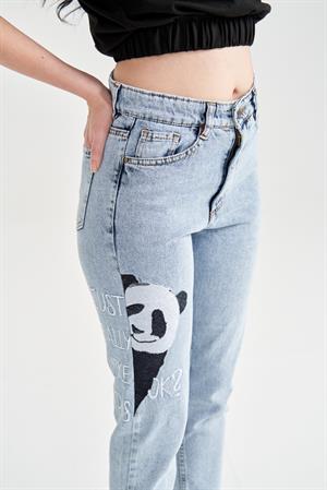 Kadın Panda Nakışlı Mom Jean Mavi