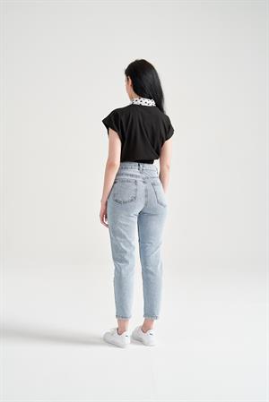 Kadın Panda Nakışlı Mom Jean Mavi