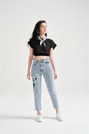 Kadın Panda Nakışlı Mom Jean Mavi