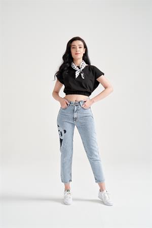 Kadın Panda Nakışlı Mom Jean Mavi