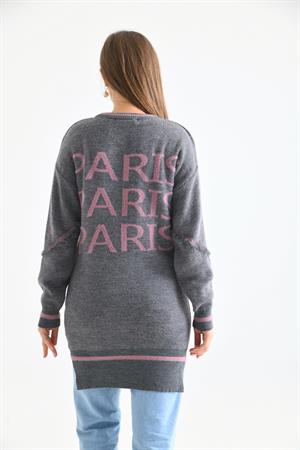 Kadın Paris Yazı Detay Bluz Gri