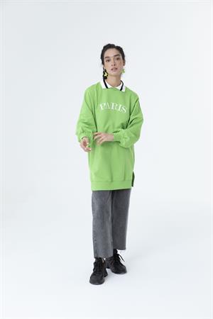 Kadın Paris Yazılı Polo Yaka Sweat Tunik Yeşil