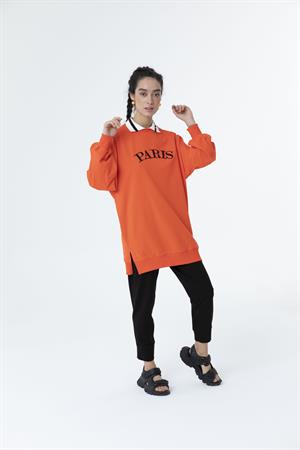 Kadın Paris Yazılı Polo Yaka Sweat Tunik Açık Kırmızı