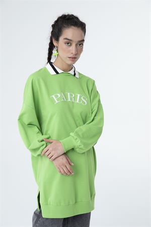 Kadın Paris Yazılı Polo Yaka Sweat Tunik Yeşil