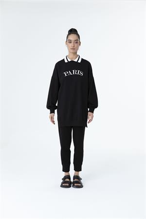 Kadın Paris Yazılı Polo Yaka Sweat Tunik Siyah