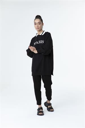 Kadın Paris Yazılı Polo Yaka Sweat Tunik Siyah