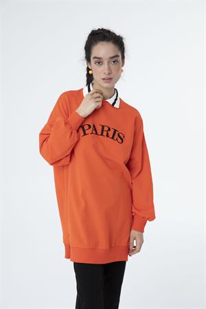 Kadın Paris Yazılı Polo Yaka Sweat Tunik Açık Kırmızı