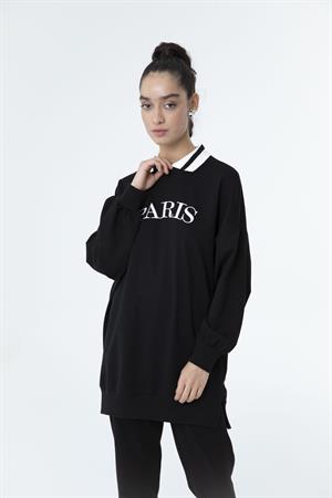 Kadın Paris Yazılı Polo Yaka Sweat Tunik Siyah